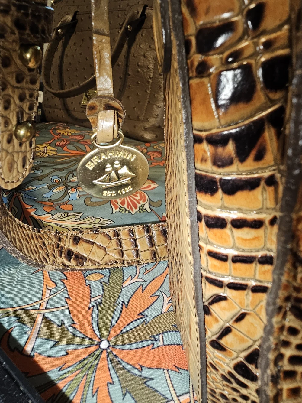 Brahmin Croc-Embossed Tan Satchel with Gold Plaque